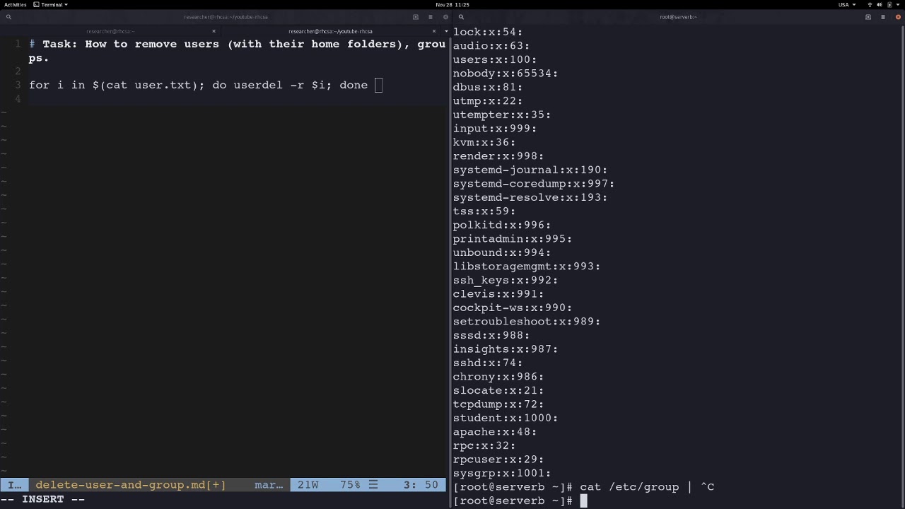 delete users in bulk using bash and group, RHCSA8 (in Tibetan)