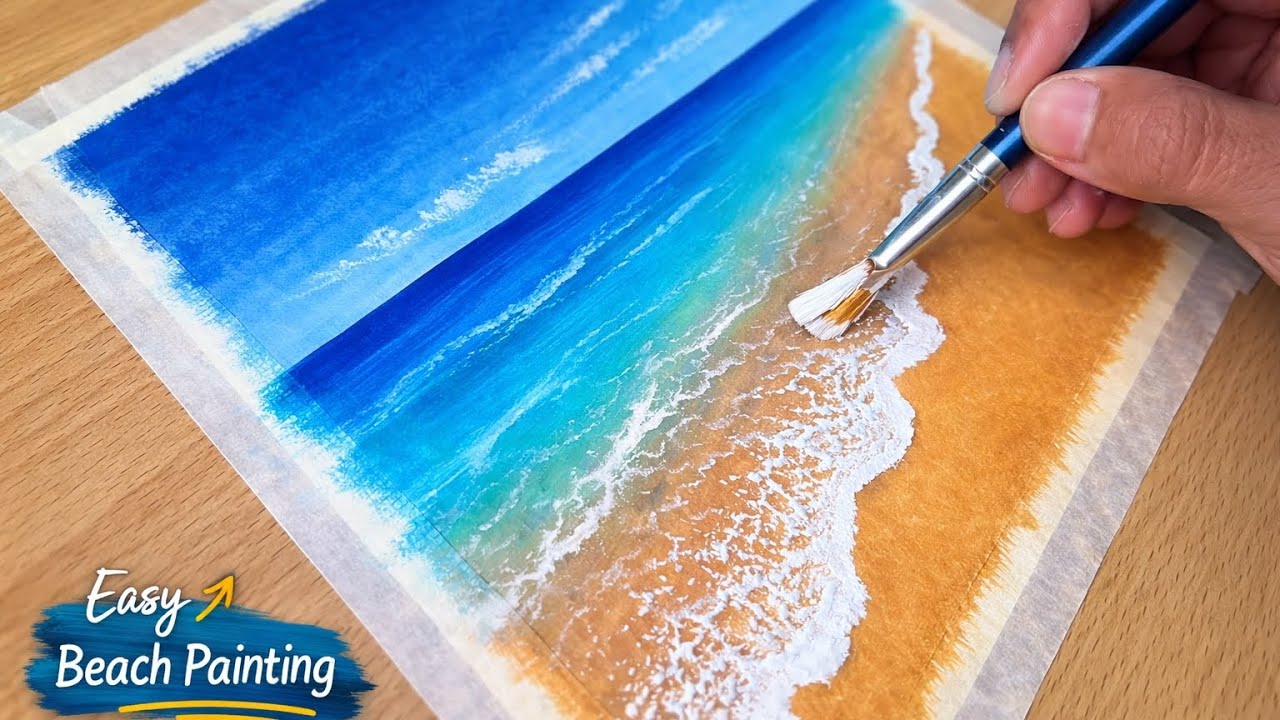 Easy beach Scenery painting/Oil Pastel/Ocean  Seascape Drawing Step by step Realistic Waves Painting
