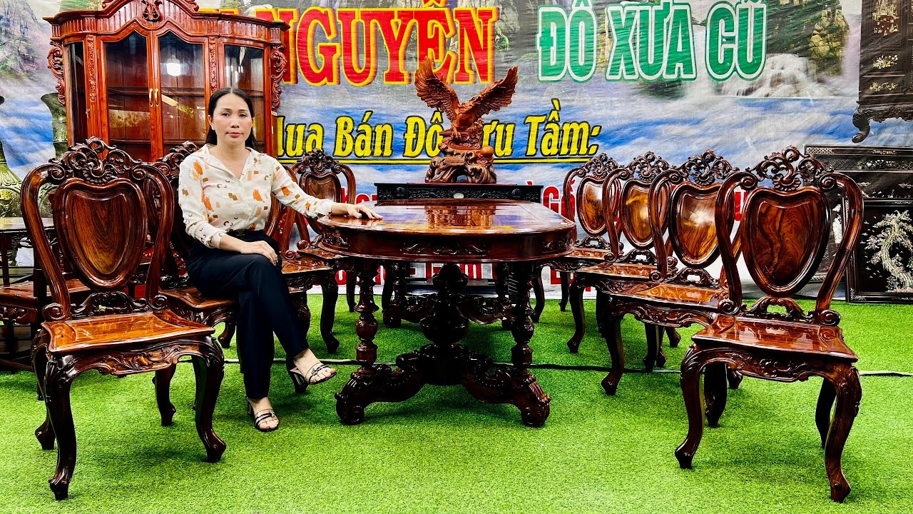 Bộ Bàn Ăn Cù Lá Gỗ Cẩm Việt, Tủ Trung Bày, Bàn Tròn, thanh lý lô đồ Gốm & Đồng | Mỹ Lan 24/9