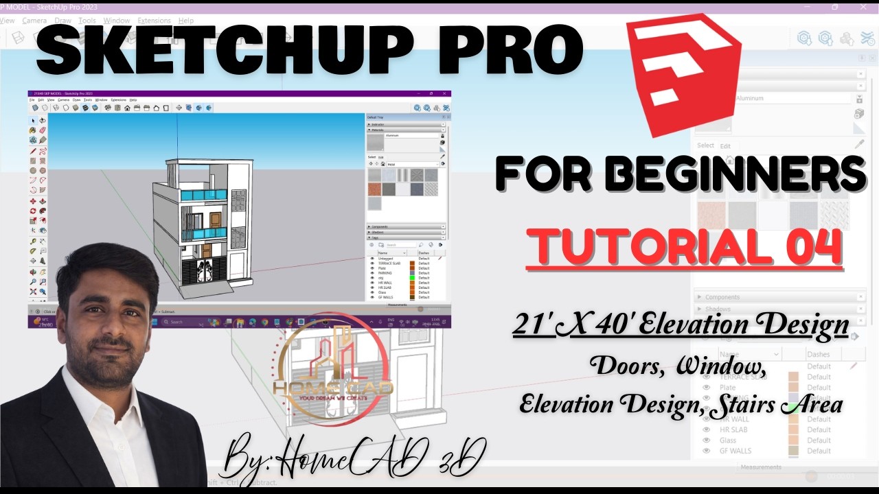 Day 04 - Sketchup 2023 Tutorial  for beginners | 21x40 Ext. Elevation - Doors Window Stairs, Design