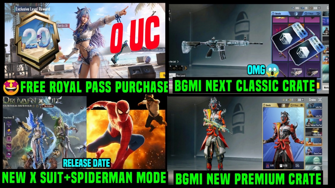 🔴FREE A20 ROYAL PASS / BGMI NEXT CLASSIC CRATE PREMIUM CRATE/ SPIDERMAN MODE NEW X SUIT RELEASE DATE