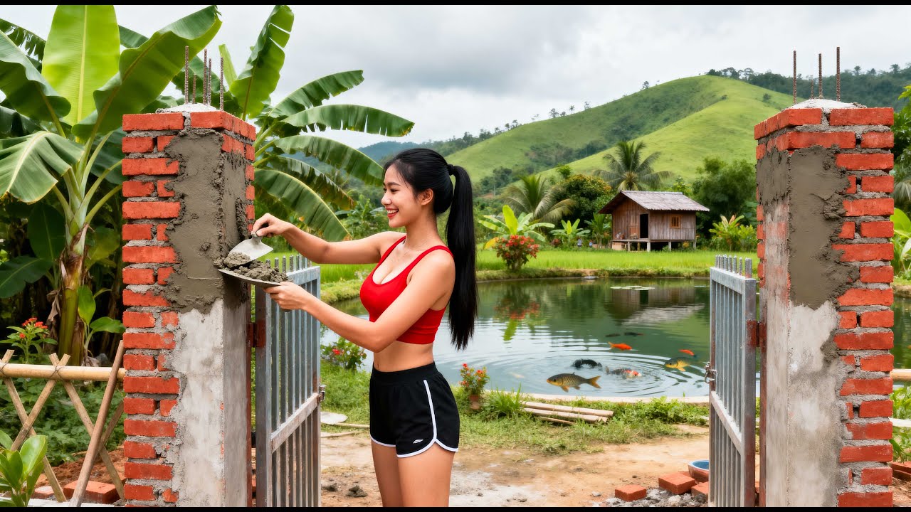 【建築DIY】レンガとセメントで新しい農場の門を24時間で建てる | 24 Hours to Build a New Farm Gate with Bricks and Cement