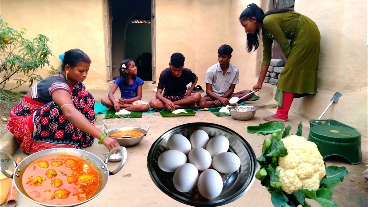 Egg CAULIFLOWER CURRY recipe cooking and eating by tribe family l Village cooking