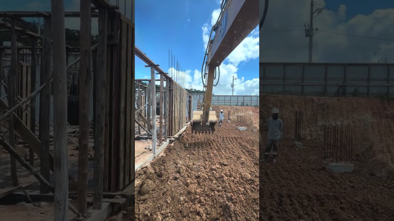 Nivelamento piso vigas fundação prédio . Escavadeira cat 316 