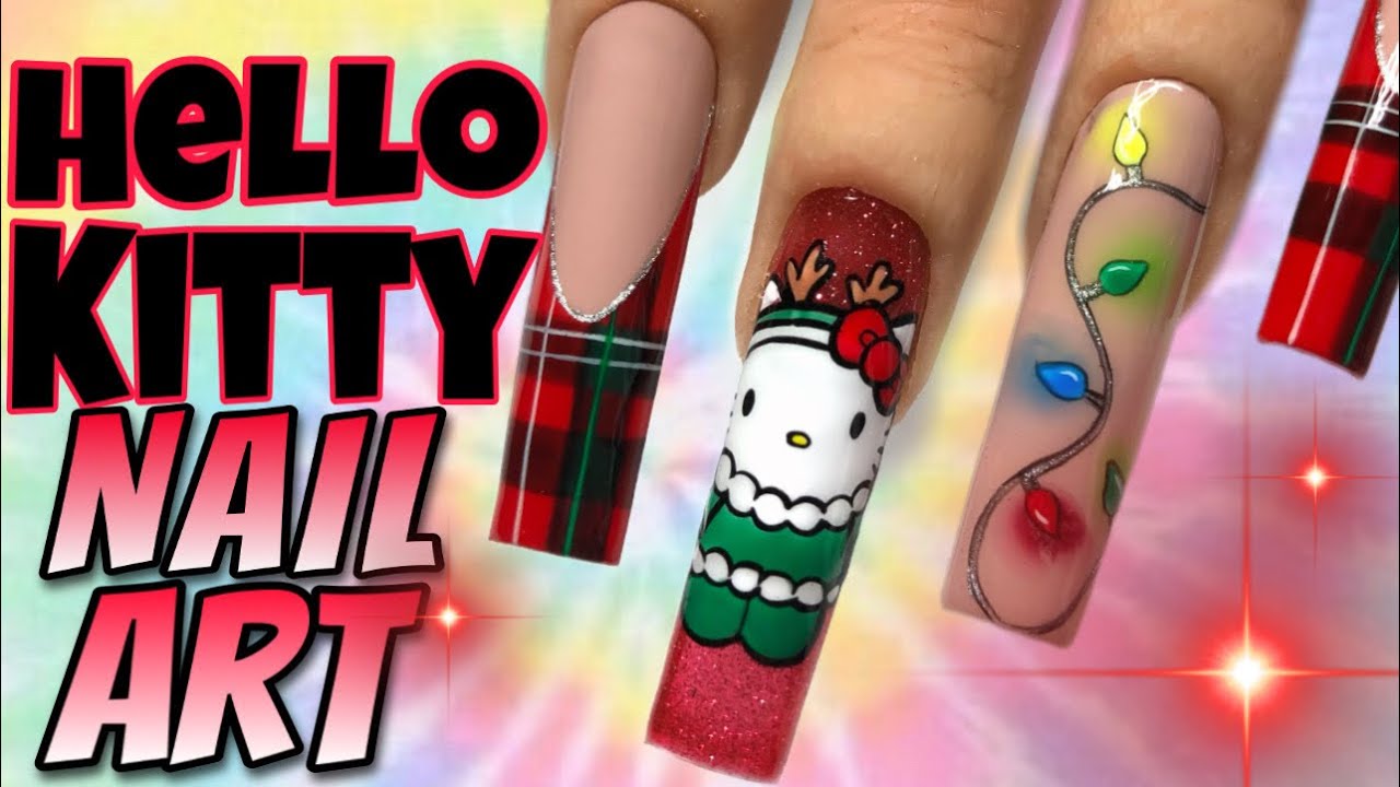 Christmas Hello Kitty Nail Art Tutorial!😍🎄 + How to Paint Plaid, and Christmas Lights!‼️
