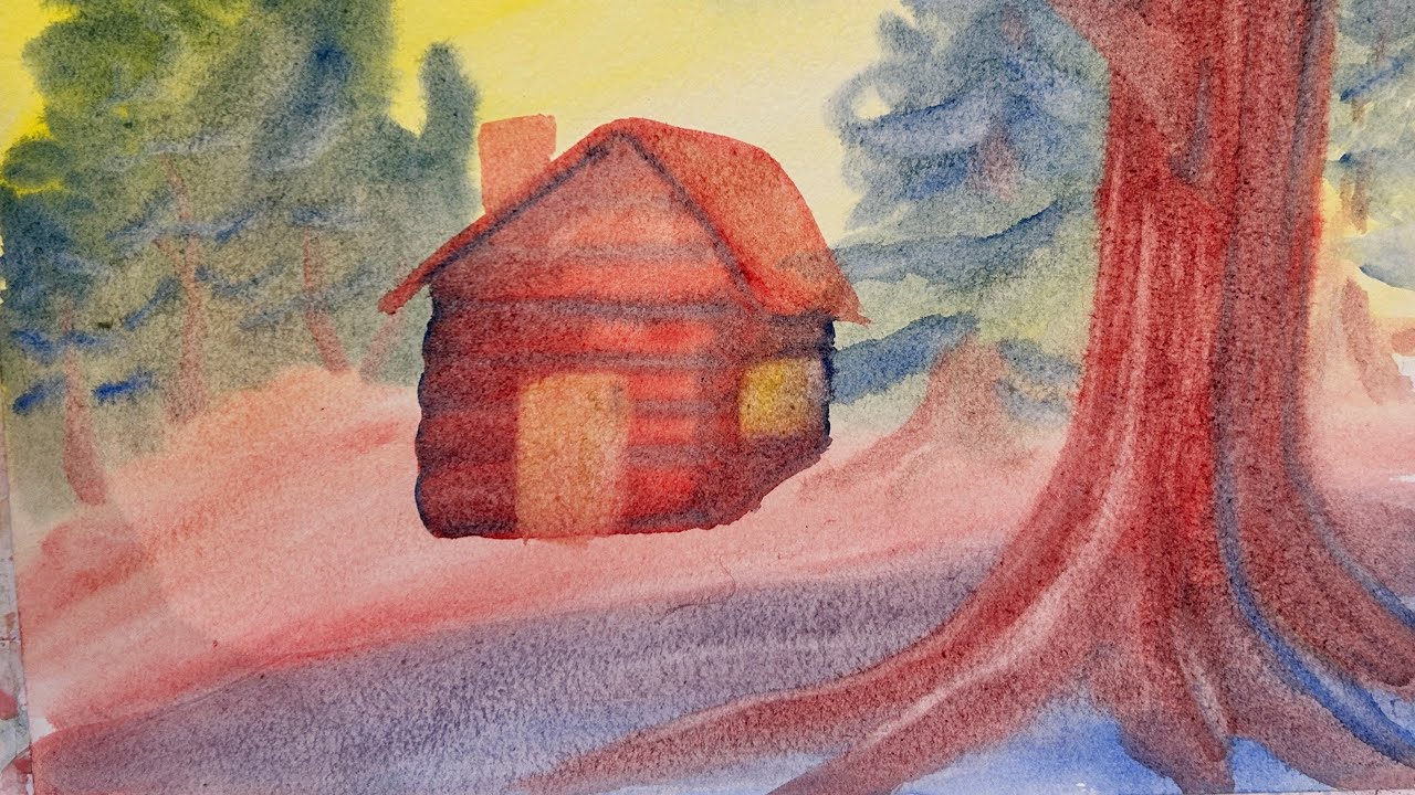 Little Cabin in the Big Forest Wet on Wet Watercolor 2nd Grade