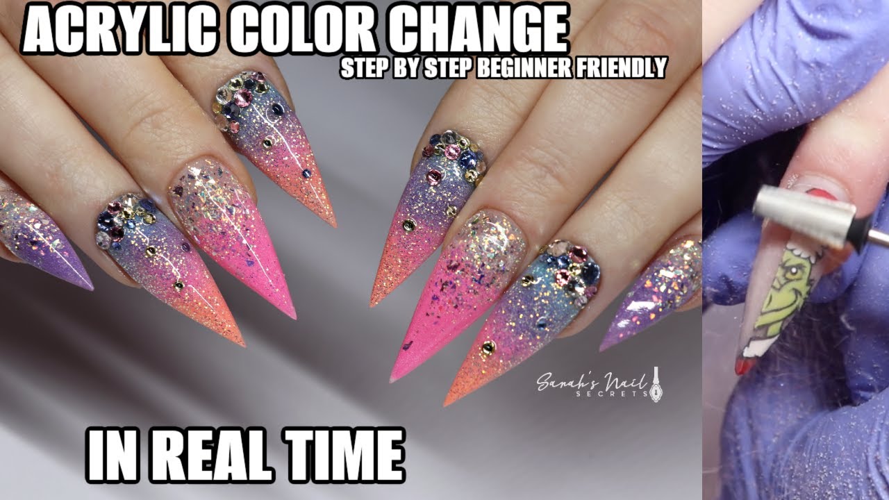 BRIGHT COLORFUL STILETTOS  - NAIL TUTORIAL IN REAL TIME - ACRYLIC REDESIGN / COLORCHANGE