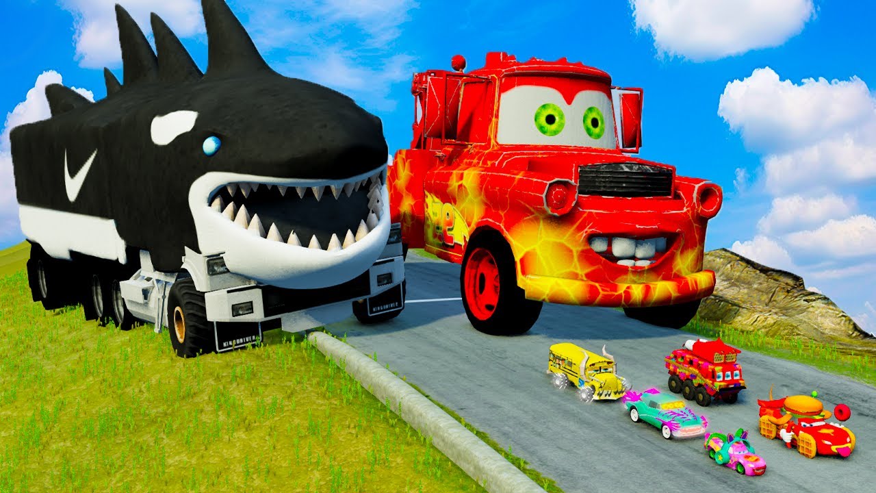 Big & Small Lightning McQueen Monster Truck vs Tow Mater with Big Wheels in BeamNG Drive!