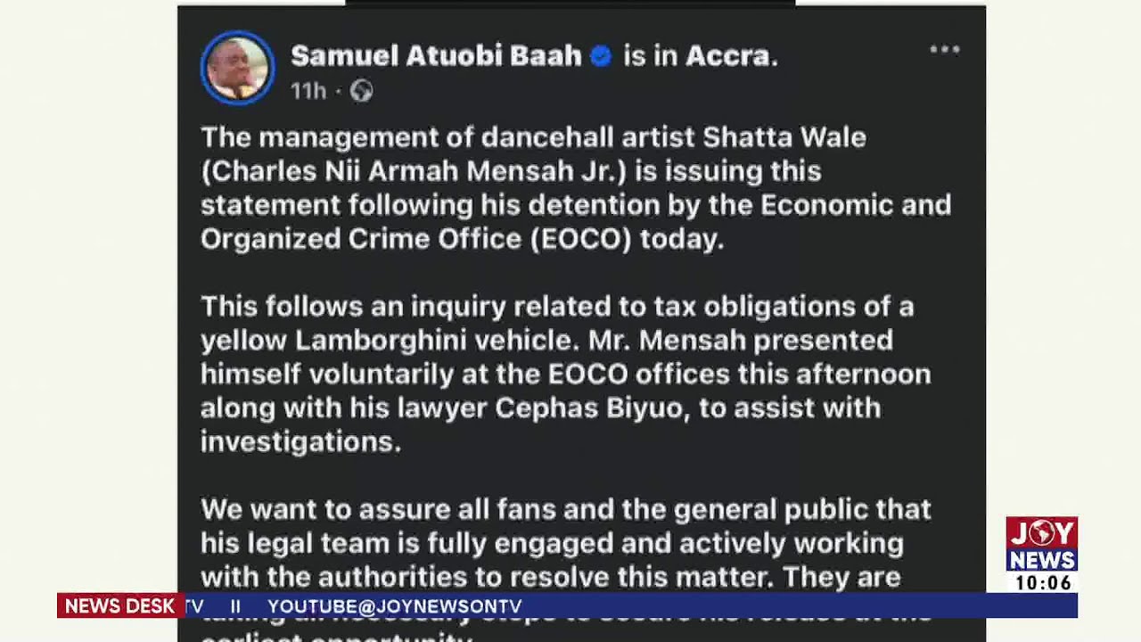 Stolen Cars: Shatta Wale detained by EOCO amidst Lamborghini saga | News Desk