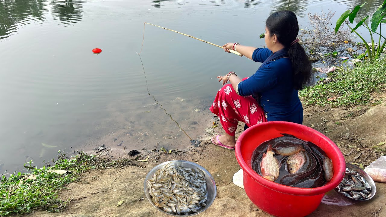 Unique Fishing Video🎣🎣|| Beautiful cute lady fishing in the pond with a hook || pond fishing Video