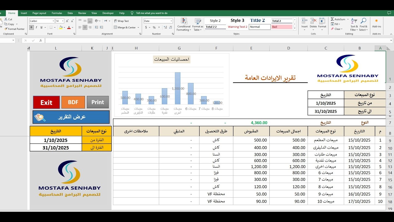برنامج الايرادات والمصروفات والارباح وحركة الخزينة اكسل