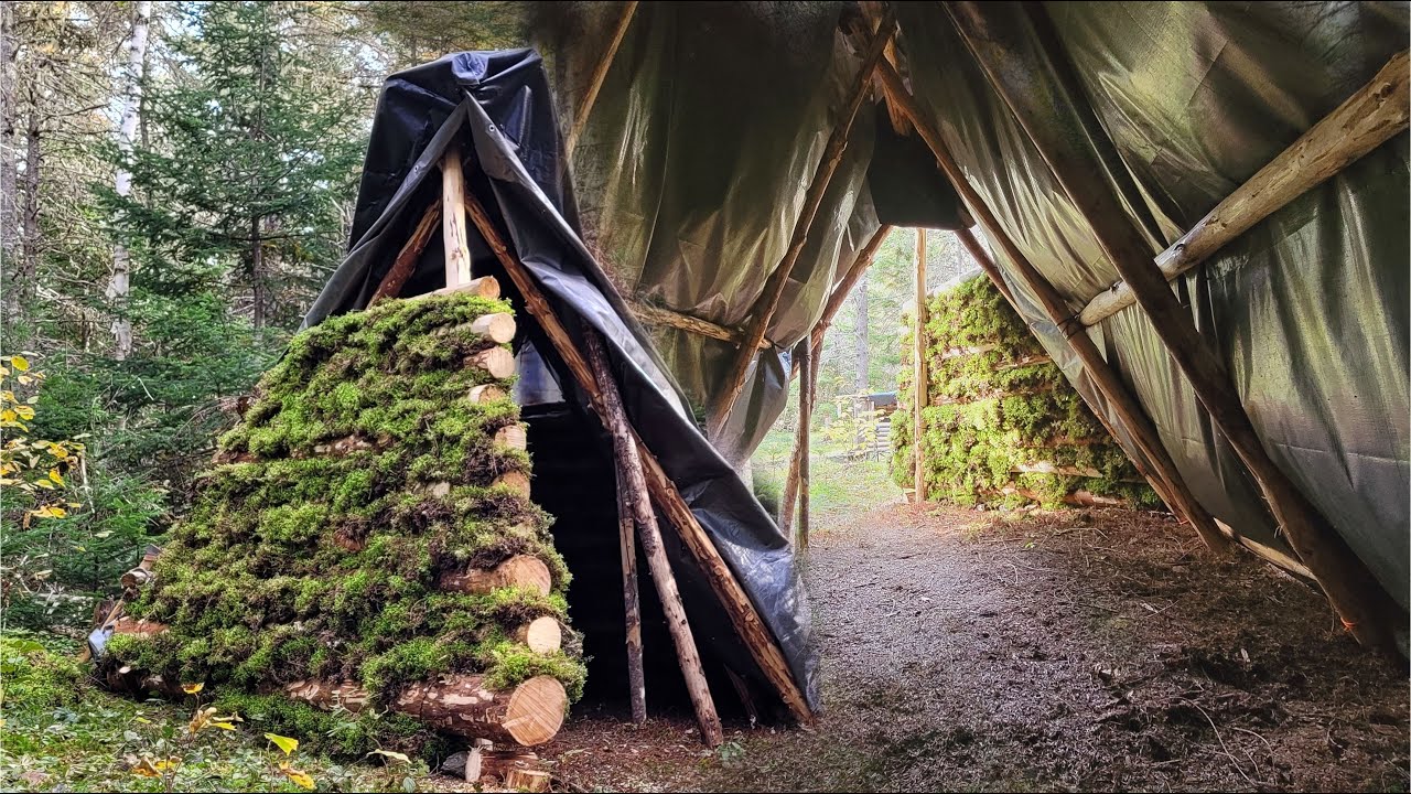 Heated Wilderness Shelter Upgrade - Building a Wind Proof Entrance -  Overnight Camping