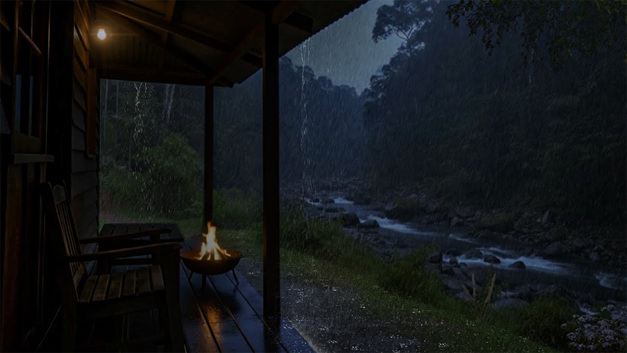 No Ads 🌧️Cozy Rainy Tropical Cabin with Fireplace Sounds – Deep Sleep Ambience & Total Stress Relief