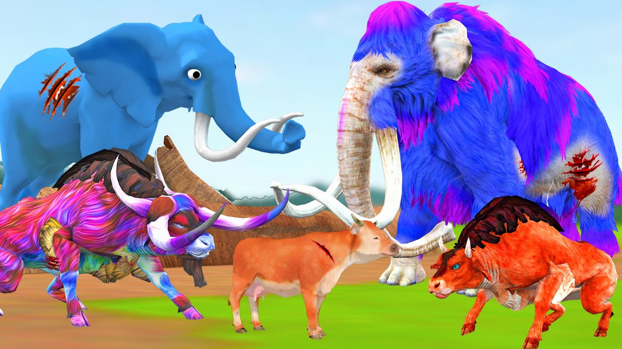 Elephant, Cow Cartoon Vs Zombie Bulls Attack Woolly Mammoth Animal Help Rescue Cow Battle Fight