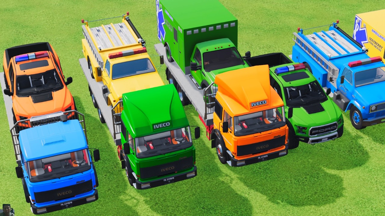 TRANSPORTING POLICE CARS, AMBULANCE, FIRE TRUCK, COLORFUL CARS WITH TRUCK GAME FARMING SIMULATOR 22