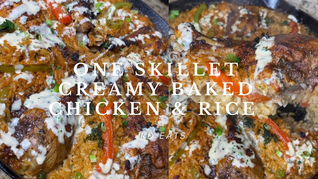 One Skillet Baked Creamy Chicken & Rice! Easy Recipe For Family Dinner!