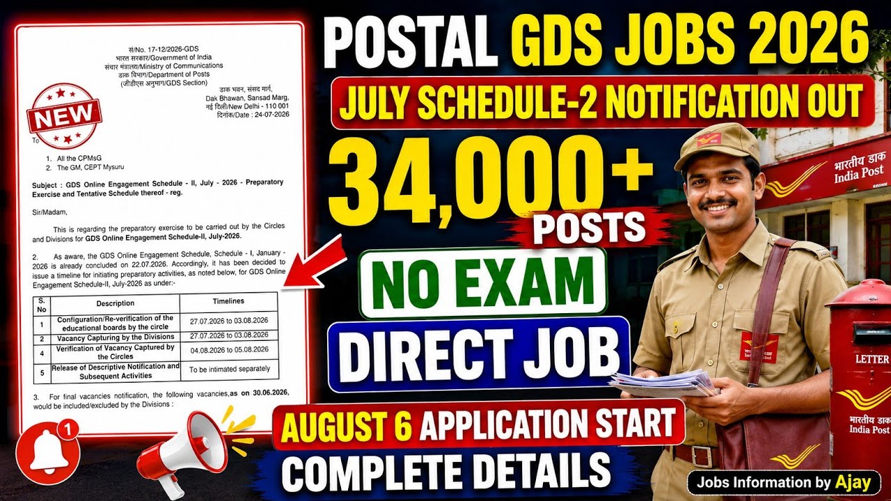 ✨ Postal GDS July Schedule-2 Notification OUT | 34,000 Post's | August 6th Apply Start | No Exam |