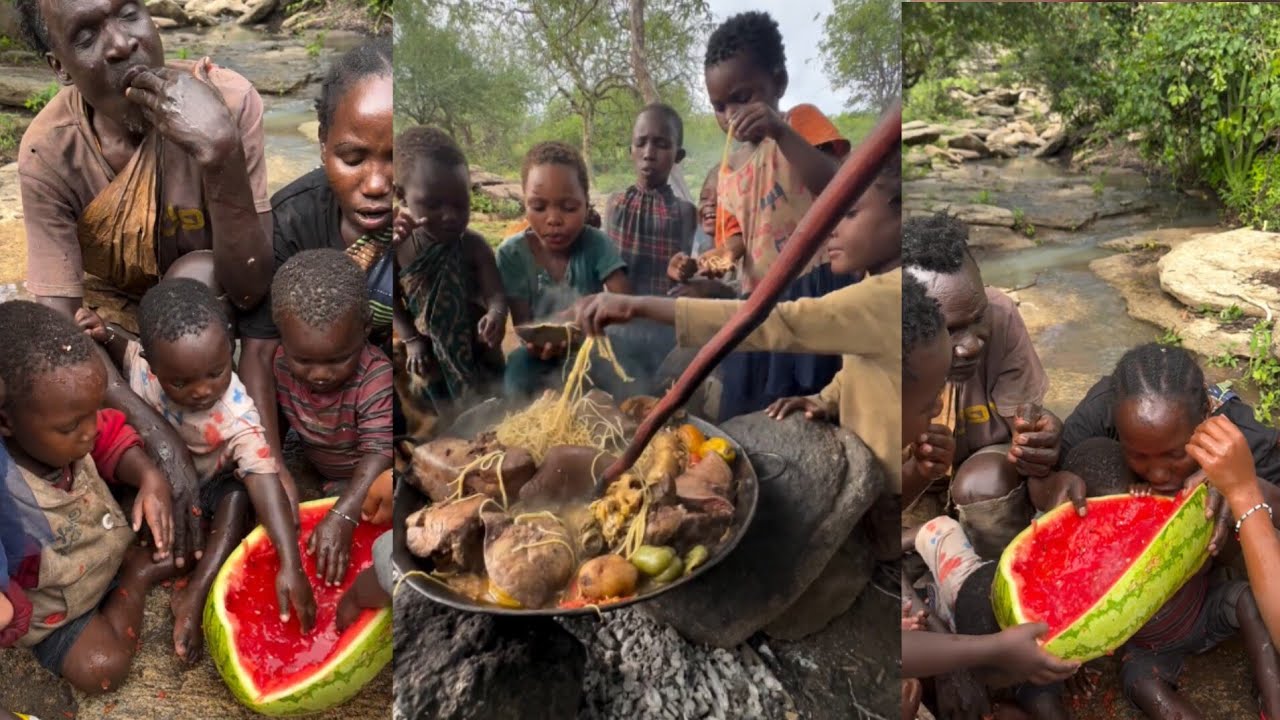 Traditional Hadzabe tribe cooking bush meat in Tanzania.Village food and African cultural lifestyle