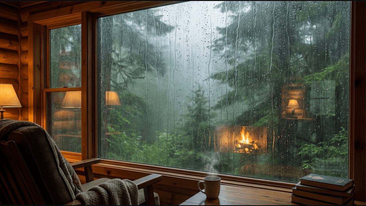 Cozy Rainy Cabin Window in Forest 🌧️🔥 | Fireplace & Steaming Coffee 4K Ultra HD 2 Hours Relax, Sleep