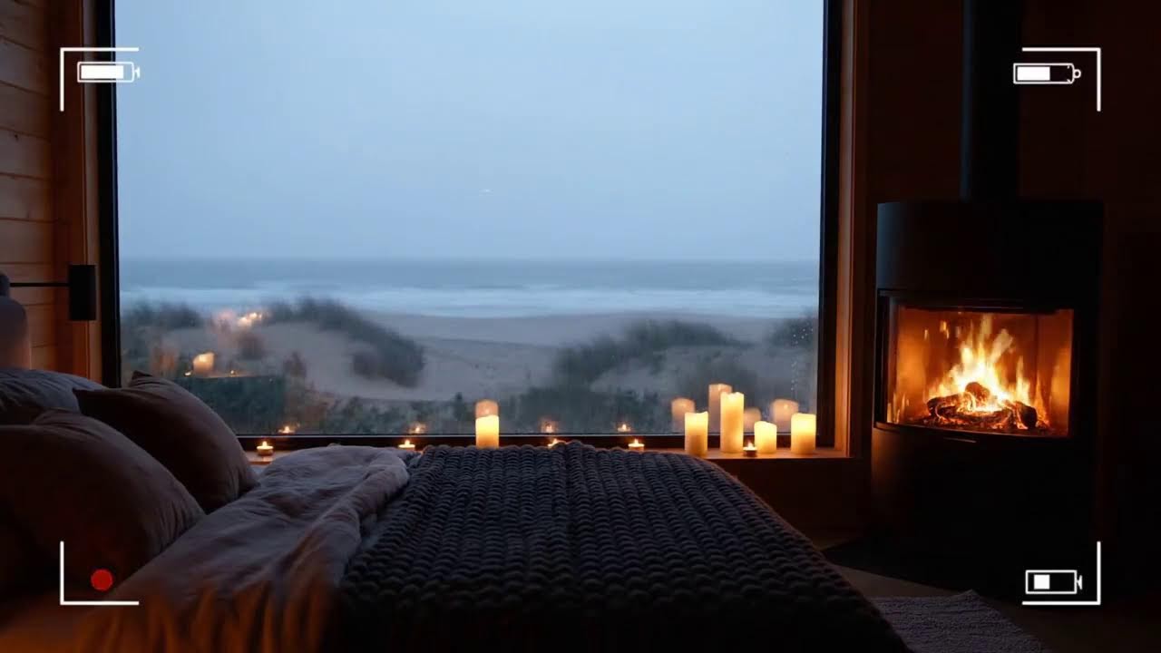 8 Hours Heavy Rain & Crackling Fireplace: Seaside Cabin Ambiance for Deep Sleep 🌊 #SleepSounds
