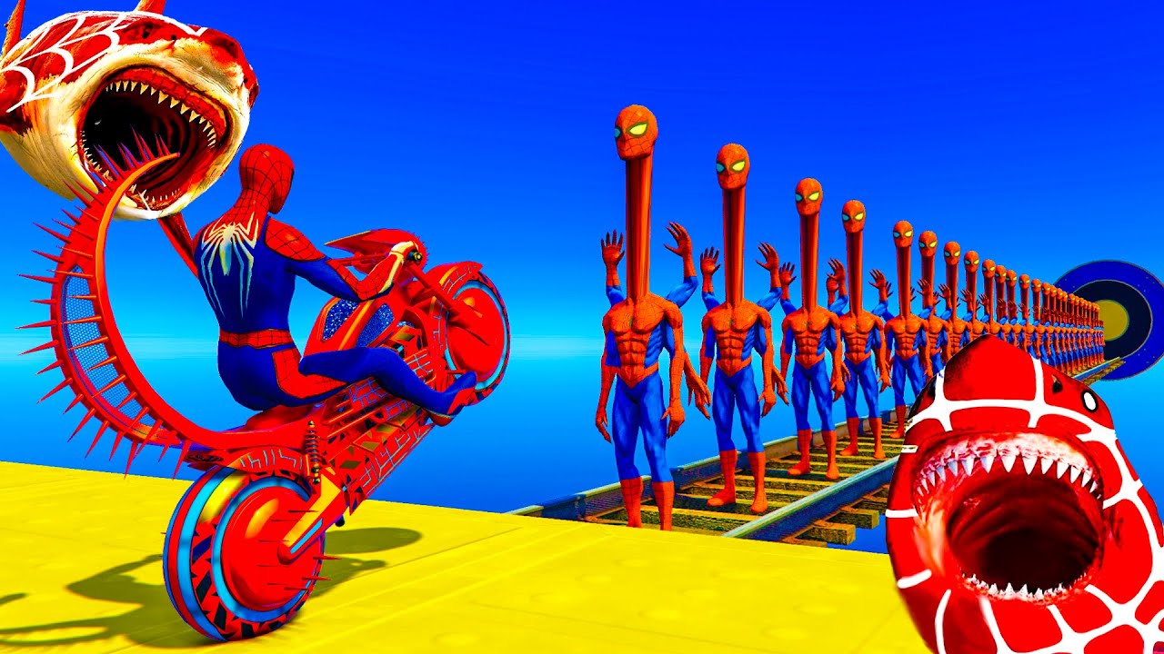 GTA V. Spiderman Rides On Crazy Map While All His Friends Are Eaten By Shark Challenge Map By Trevor