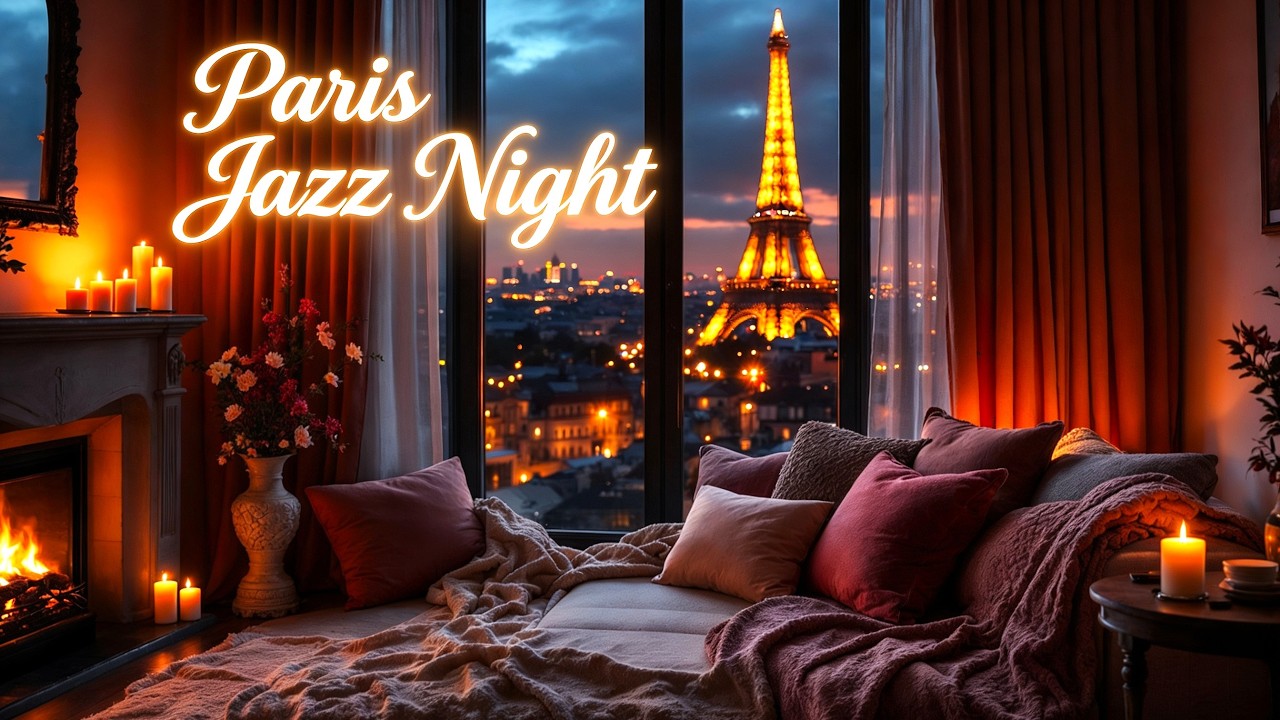 Romantic Paris Jazz Ambience | Eiffel Tower View & Cozy Fireplace