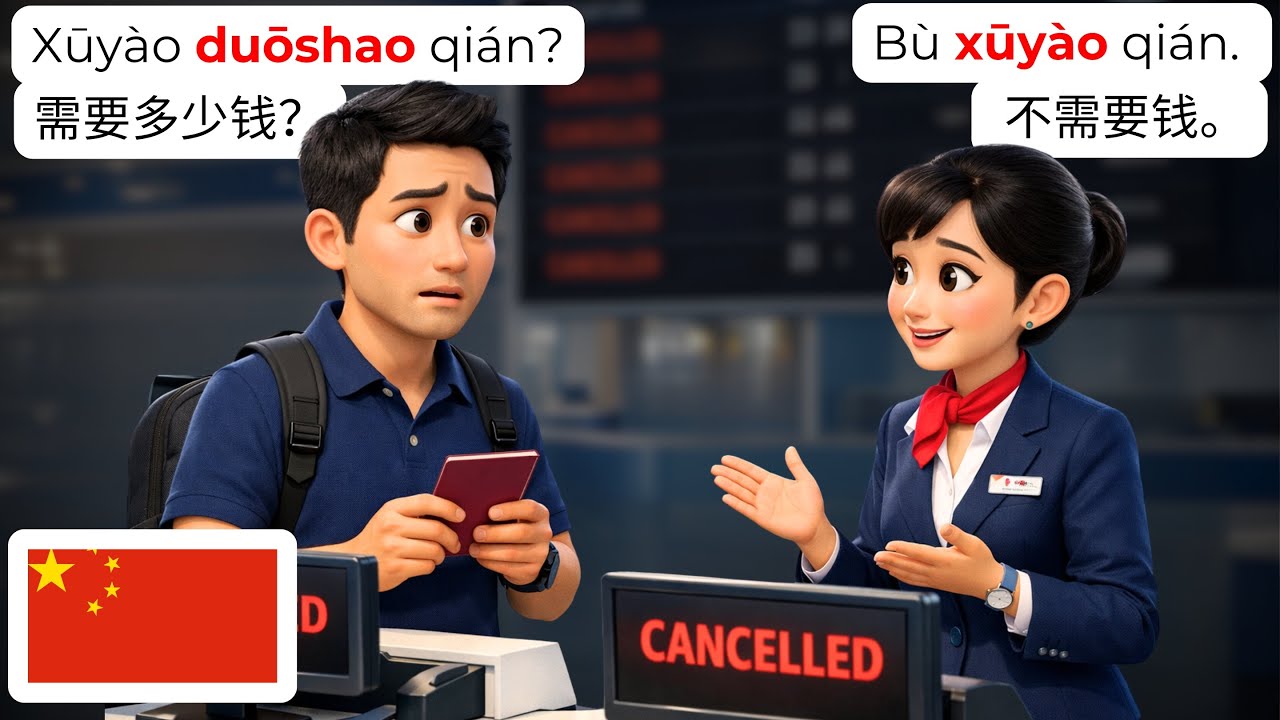 🇨🇳 15个中国机场日常对话（HSK 1-2）| 航班延误改签