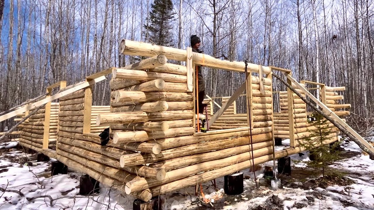 Building A Big Log Cabin Alone In The Woods: Notching Heavy Logs Around Windows