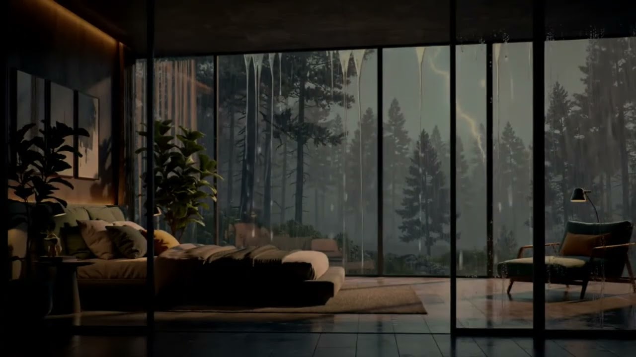 Cozy Room Ambiance: Rain & Piano for Sleep [Big Window View]