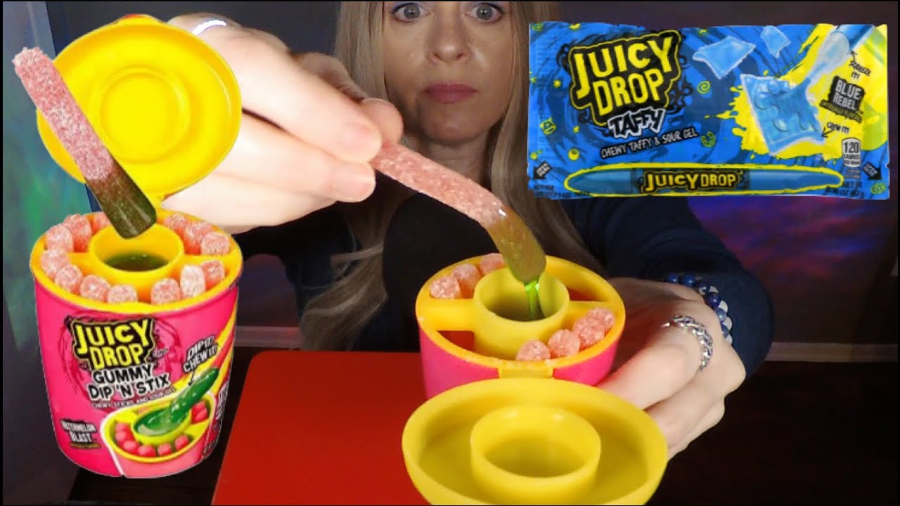 ASMR Trying Juicy Drop Gummy Dip N' Stix & Juicy Drop Taffy With Candy Pen | Whispered Taste Test