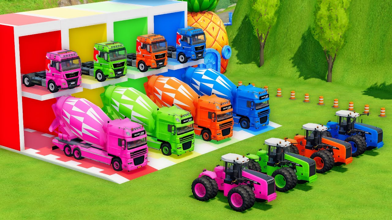 Garage with Colors - ALL MIXER TRUCK WITH DOUBLE FLATBED TRAILER TRUCK, MAN, DAF, ROSTSELMASH - FS22
