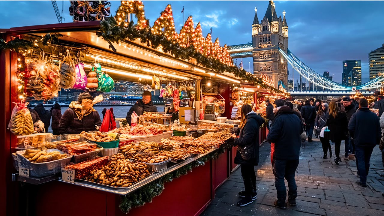 🇬🇧🎄🎅 LONDON STREET FOOD, WINTER (CHRISTMAS) BY THE RIVER: LONDON BRIDGE MARKET