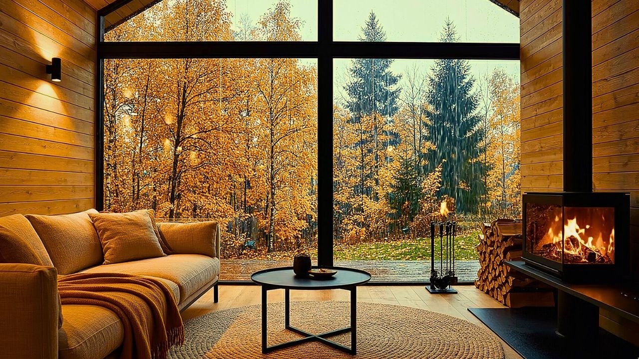 Cozy Autumn Rain & Fireplace 🍂 Relaxing Modern Cabin Ambience for Sleep