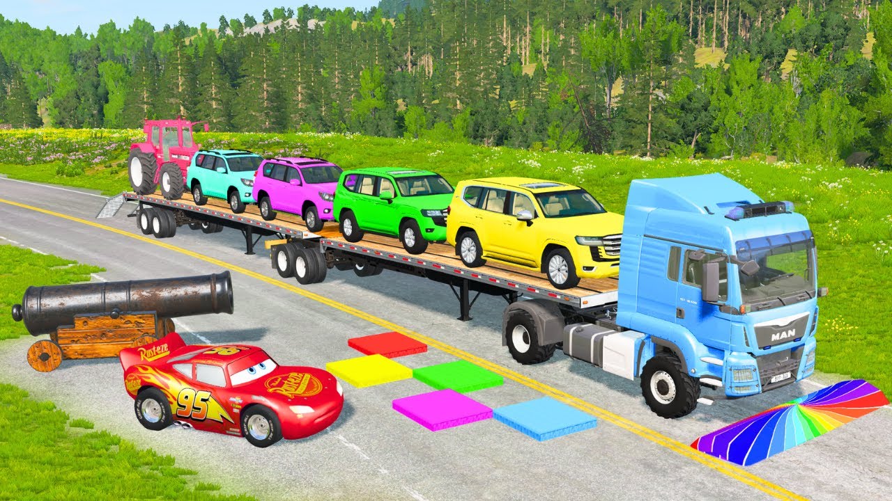 Flatbed Truck Mcqueen | Transportation with Truck - Pothole vs Car #95 - BeamNG.Drive