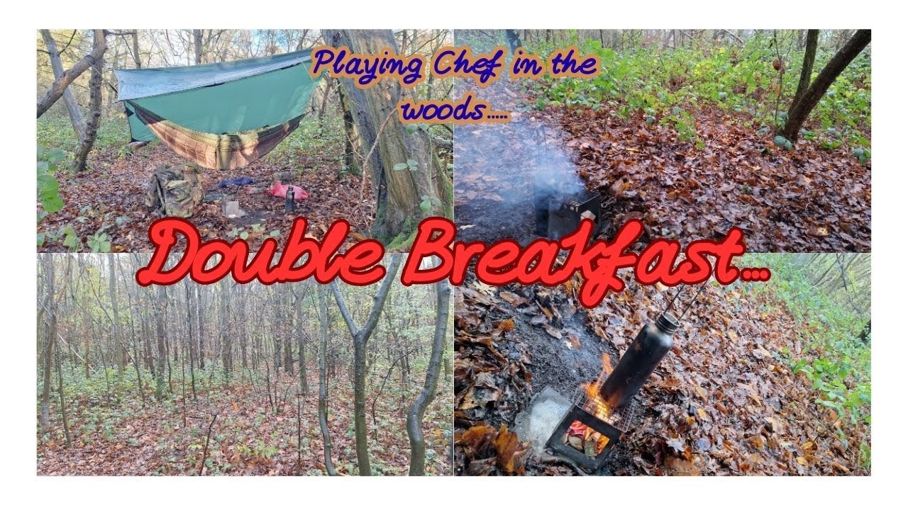 Playing Chef, Double breakfast cooked on the twig stove in the woods.