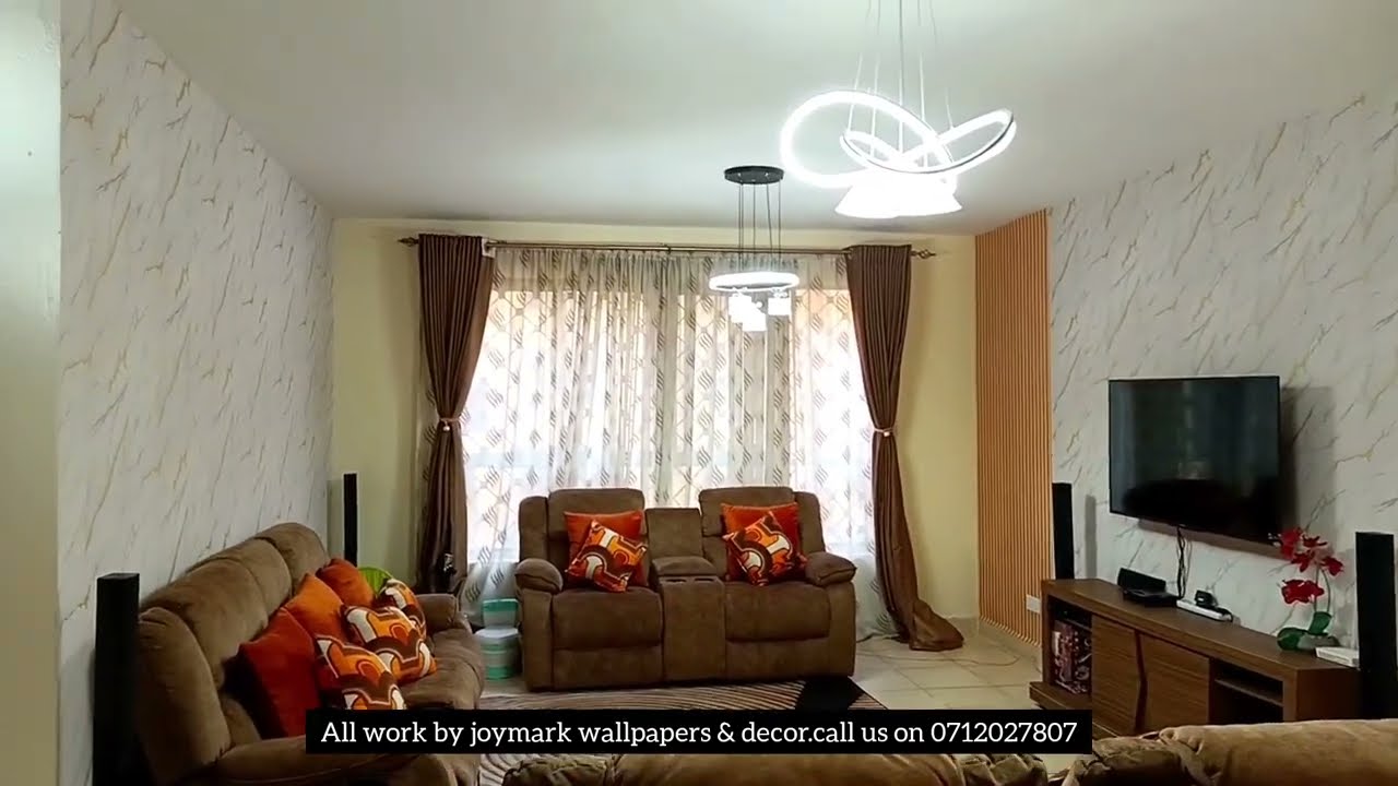 GREATWALL HOUSE MAKE OVER USING BROWN PANEL WALLPAPER/ / BEST WALLPAPER FOR A TV WALL/ FRIDAH NGUKU