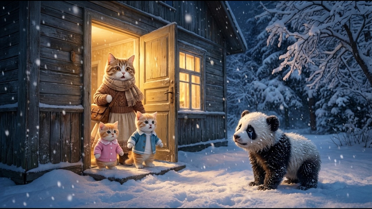 Mother Cat and Two Kitten Cats Open the Door at Night – A Wonderful Thing Happened 🐻💛