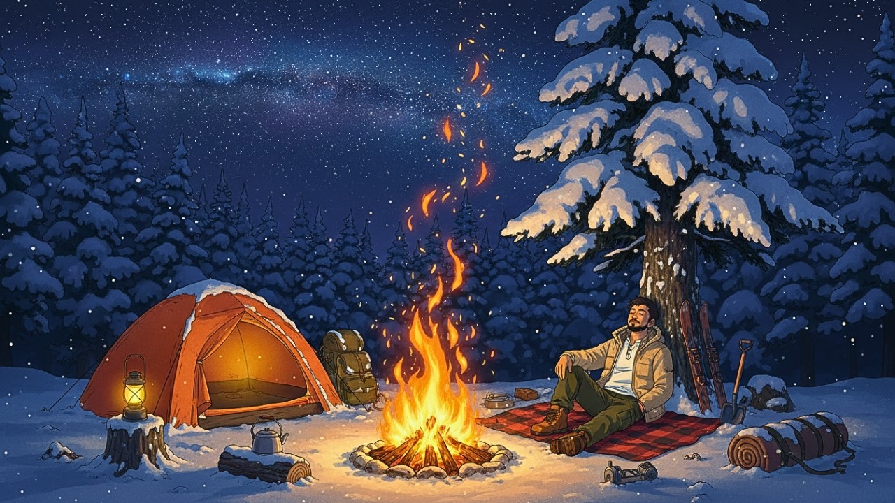 Winter Forest Campfire Under Stars • Cozy Crackling Flames & Snowy Night Ambience | Fall Asleep Fast