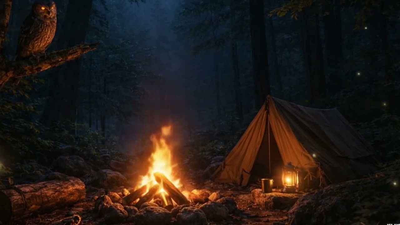 🦉 Night Forest Ambiance - Owls, Crickets & Campfire | Relaxing Nature Sounds for Sleep