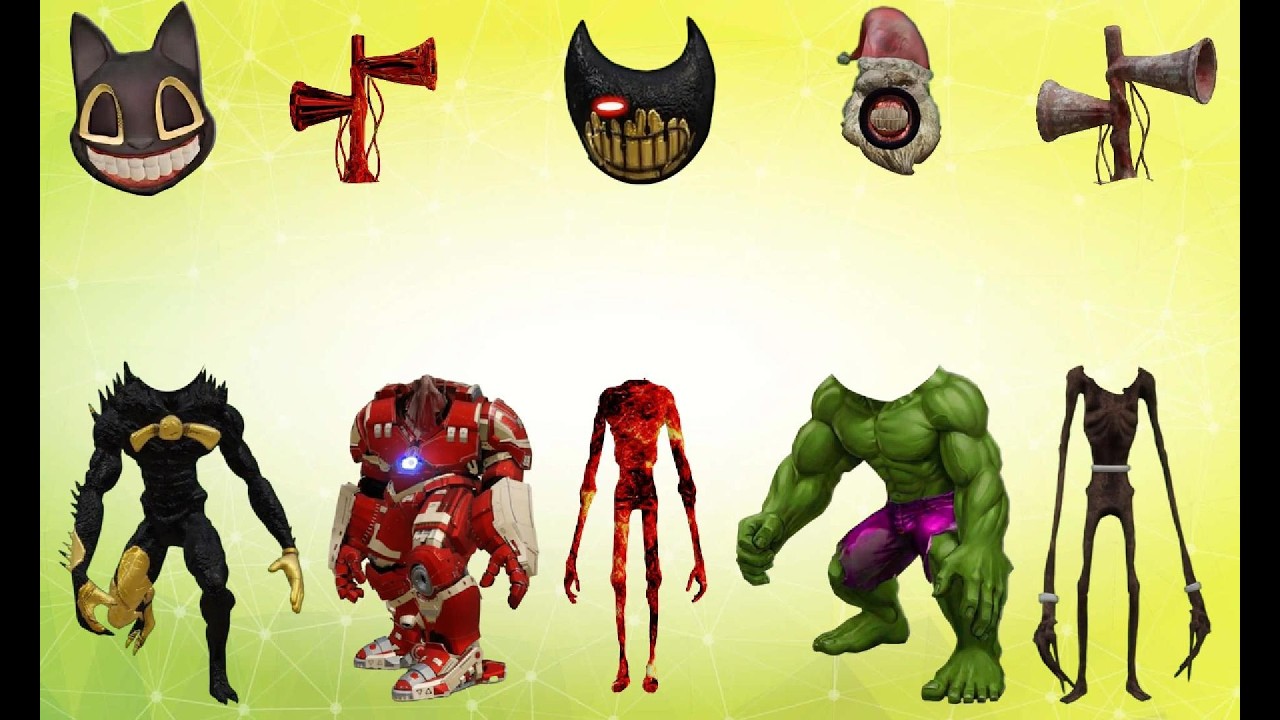 WRONG HEAD SIREN HEAD LAVA, SIREN HEAD SANTA, BLACK BUNNY, CAT HULK, SIREN HEAD HULK BUSTER