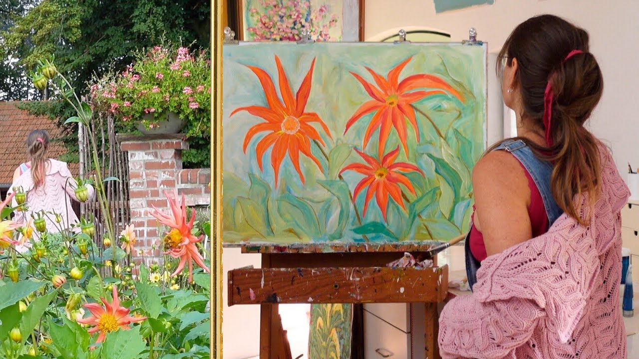 Ein großes Gemälde entsteht  im Atelier - Dahlien - Inspirationen aus dem Garten
