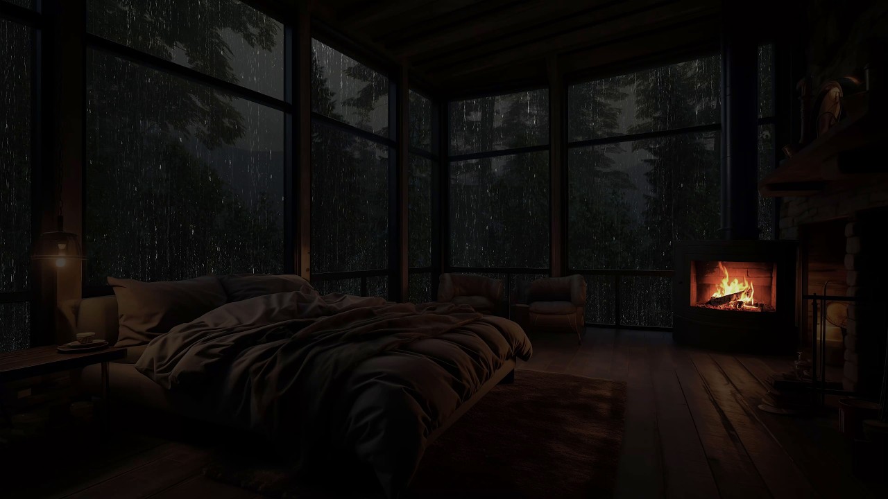 Ambiente imersivo: Sons naturais de chuva na floresta tropical e cabana acolhedora com lareira