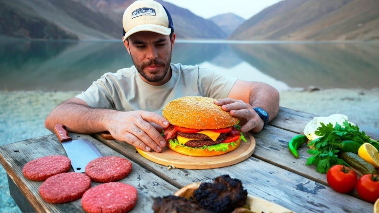 Mountain Adventure Cooking: Giant Fire-Grilled Burger / ماجراجویی در کوهستان: برگر غول‌پیکر روی آتش