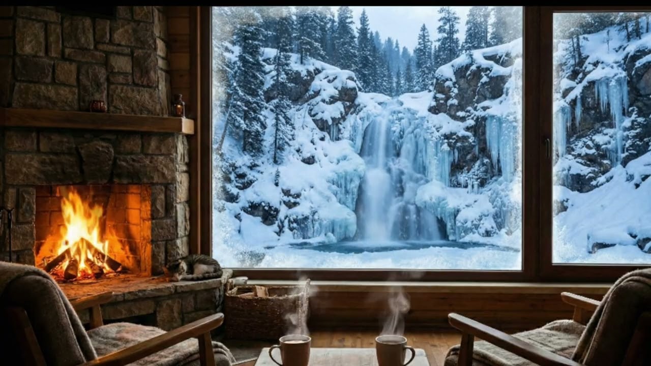 Cozy Winter Cabin by the Waterfall ❄️ Crackling Fireplace & Water Sounds for Sleep