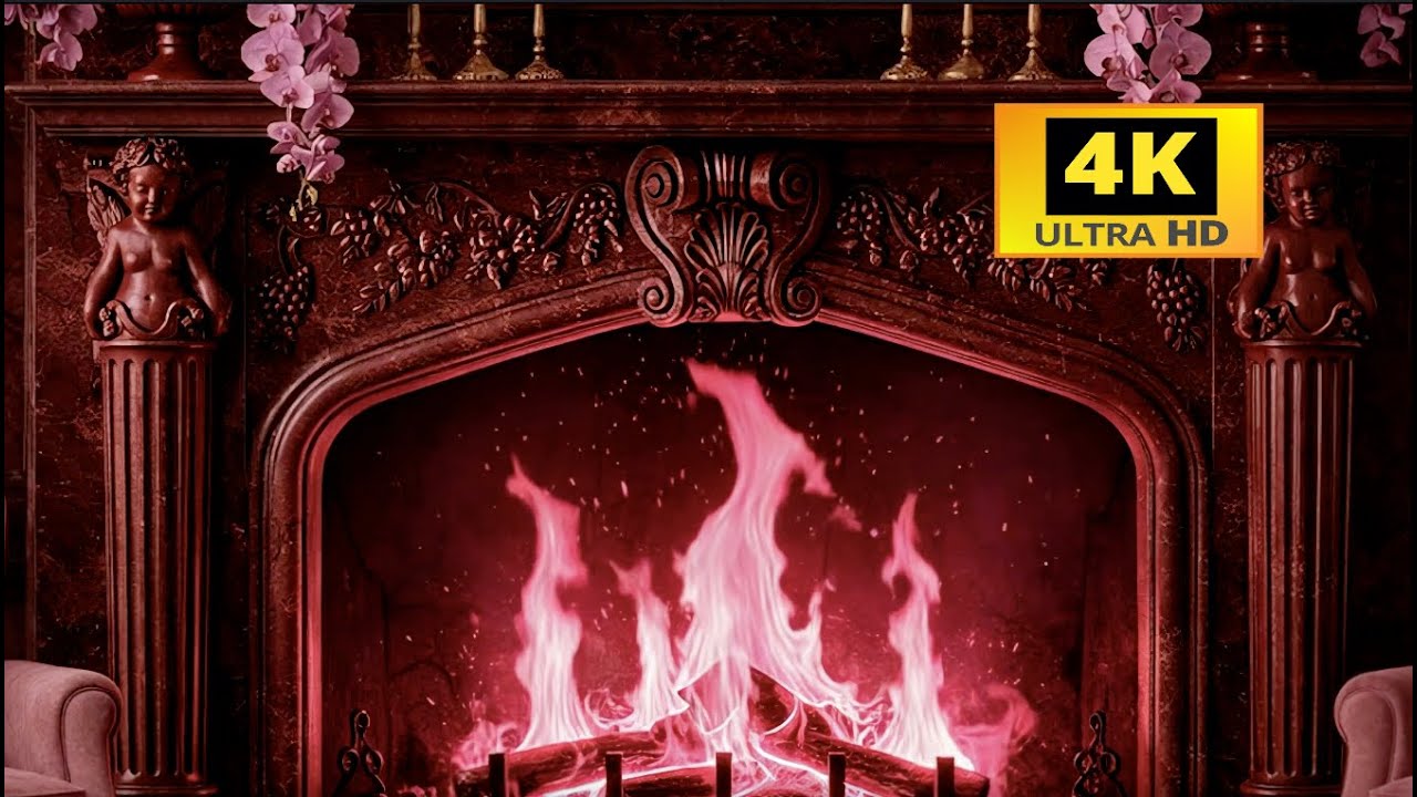 Romantic Fireplace Ambience | Dark Red Glow & Hot Pink Flames | 10 Hours | Real Fire Sounds | 4K UHD