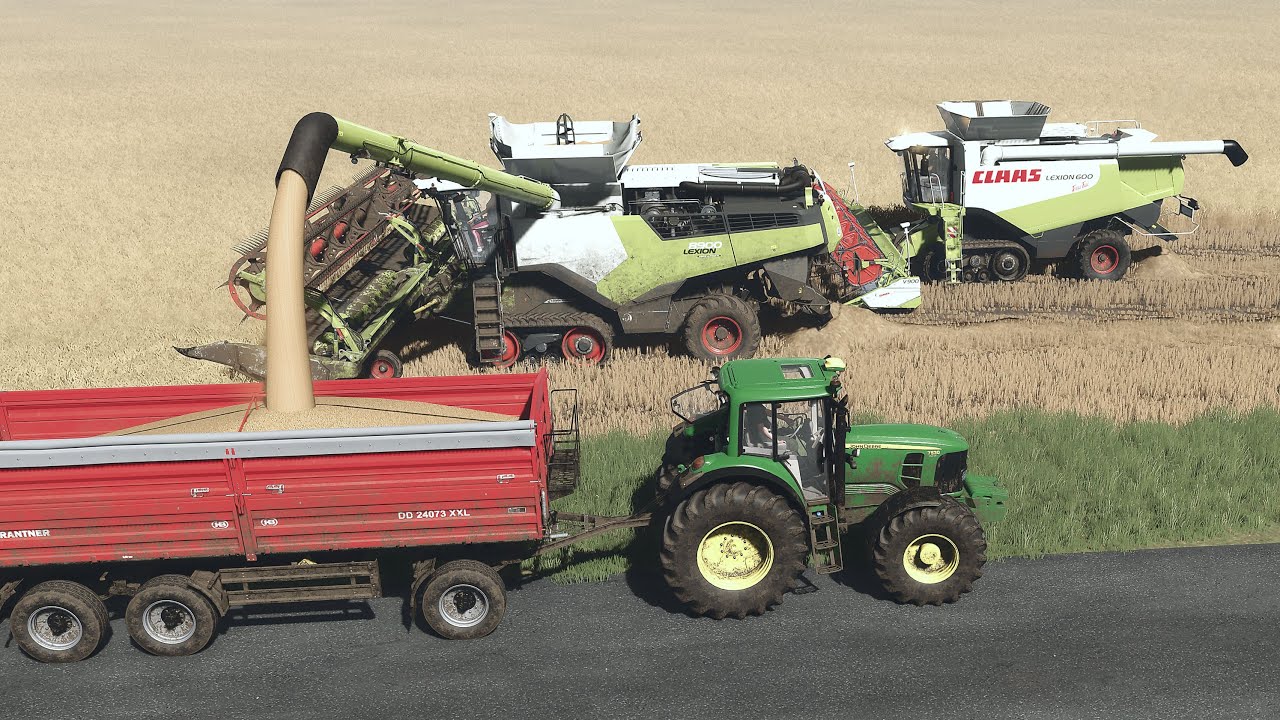 Beautiful wheat harvest Claas Lexion 6900TT / 600 TT/ 550, JD 6R, FIAT 180-90, JD 7530 FS25