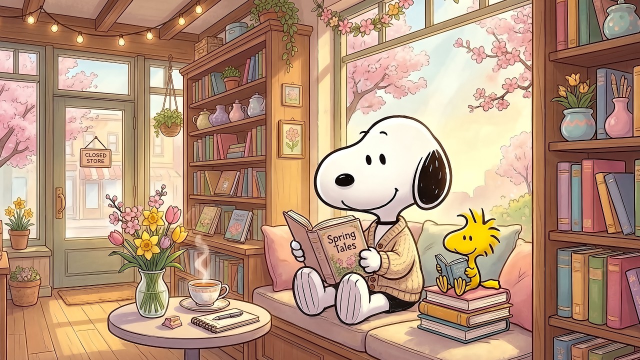 Snoopy's Cozy Spring Reading Nook 📚☕ Relaxing Jazz Music for Study, Focus & Peaceful Mornings