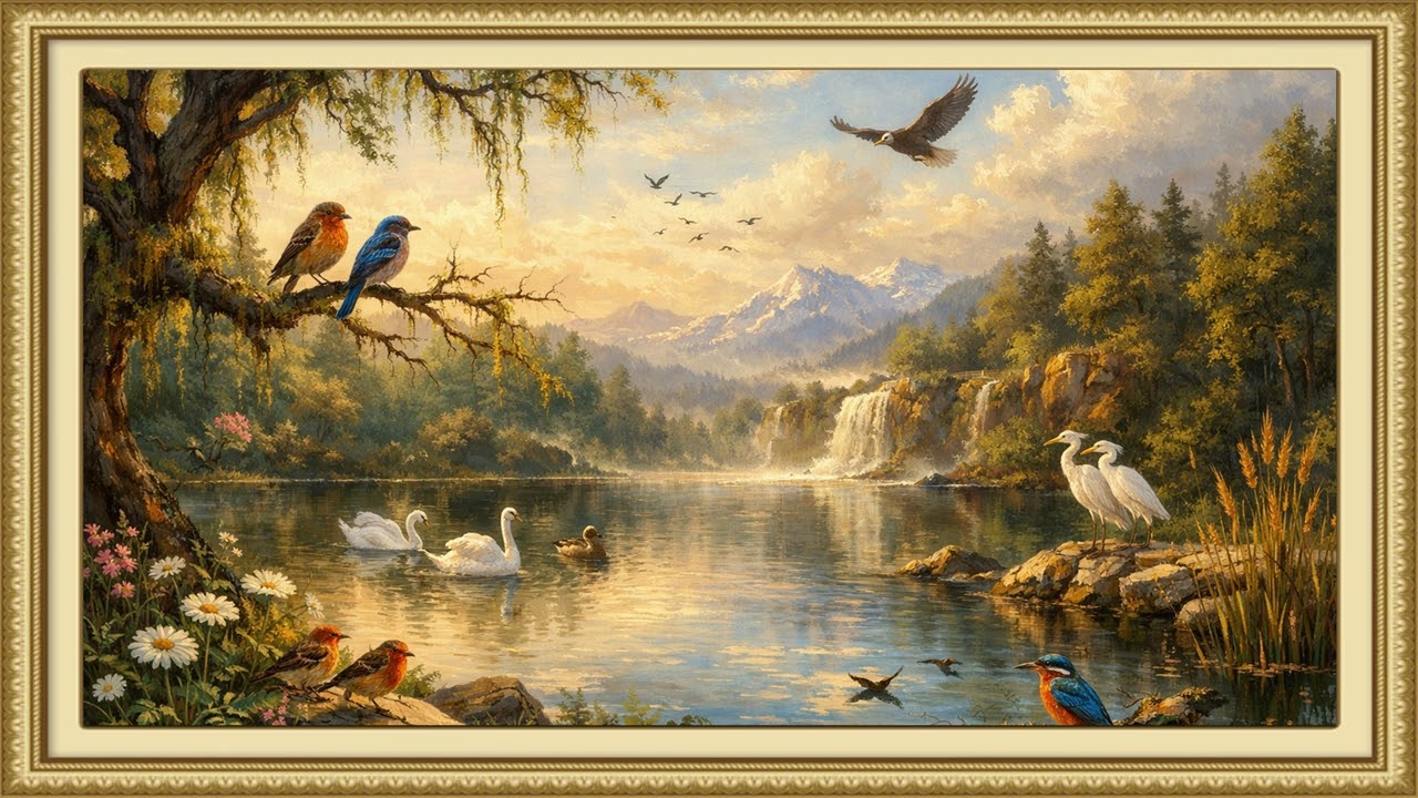 Lakeside with birds and swans | Ambient 4k Art Displays