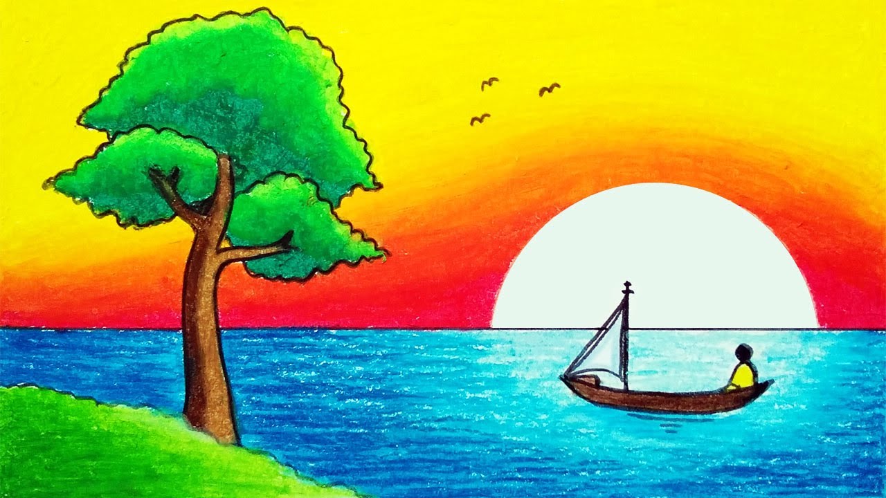 Menggambar Pemandangan | CaraMenggambar Pemandangan Matahari Terbenam di Laut Dengan Oil Pastel