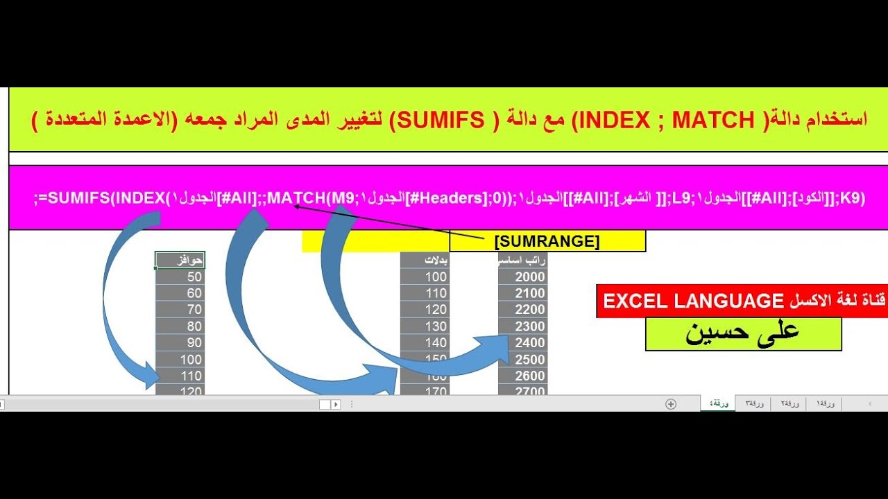 دالة sumifs مع index ; match